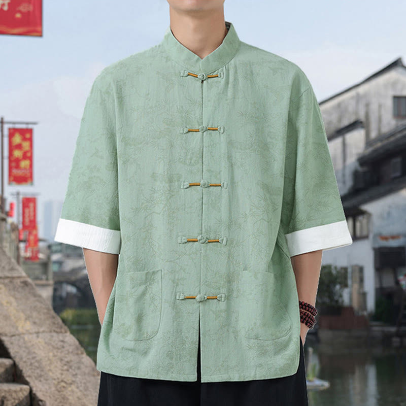 Buddha Stones Camicia da uomo in cotone con maniche corte, bottoni a rana e tasche, modello Summer Crane Pine Tree Tang Suit - image 13