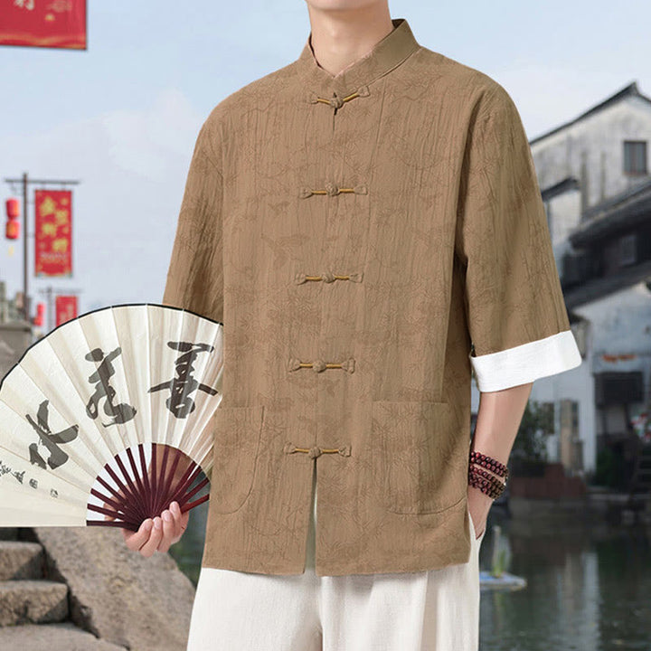 Buddha Stones Camicia da uomo in cotone con maniche corte, bottoni a rana e tasche, modello Summer Crane Pine Tree Tang Suit - image 8