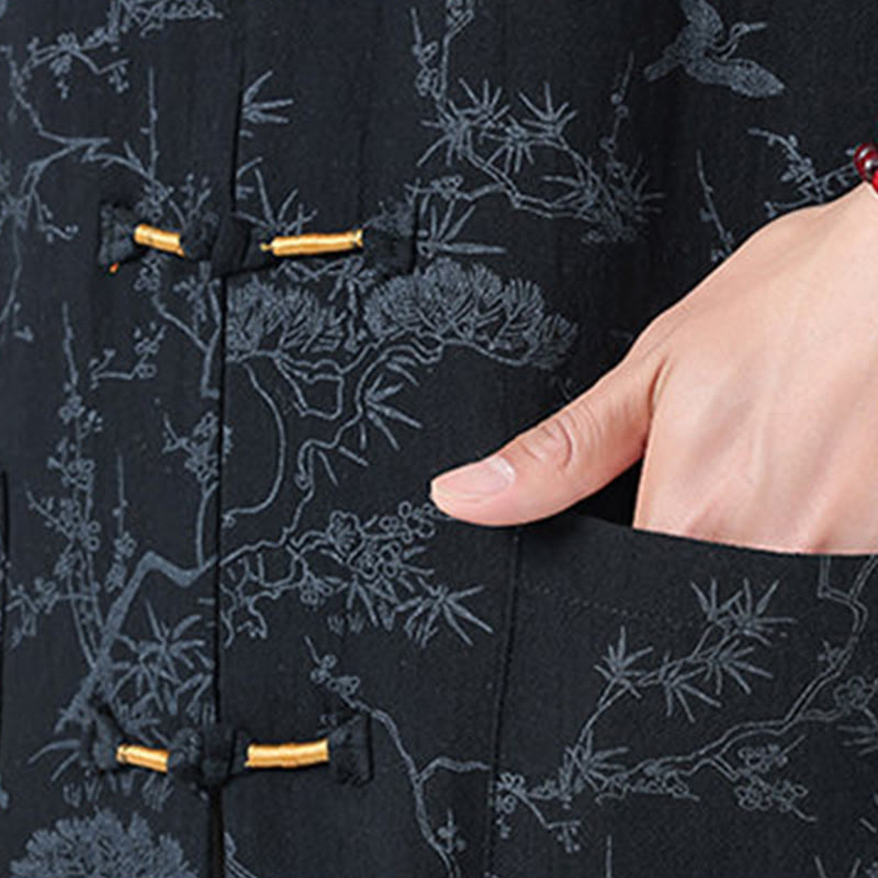 Buddha Stones Camicia da uomo in cotone con maniche corte, bottoni a rana e tasche, modello Summer Crane Pine Tree Tang Suit - image 4