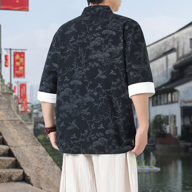 Buddha Stones Camicia da uomo in cotone con maniche corte, bottoni a rana e tasche, modello Summer Crane Pine Tree Tang Suit - image 1