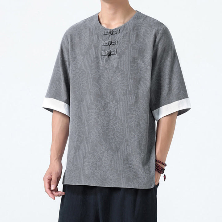 Buddha Stones Camicia da uomo in cotone a mezza manica con bottoni a rana e motivo a fiori estivi con motivo erba - Grigio chiaro - US/UK/AU46, EU56 (5XL) - image 3