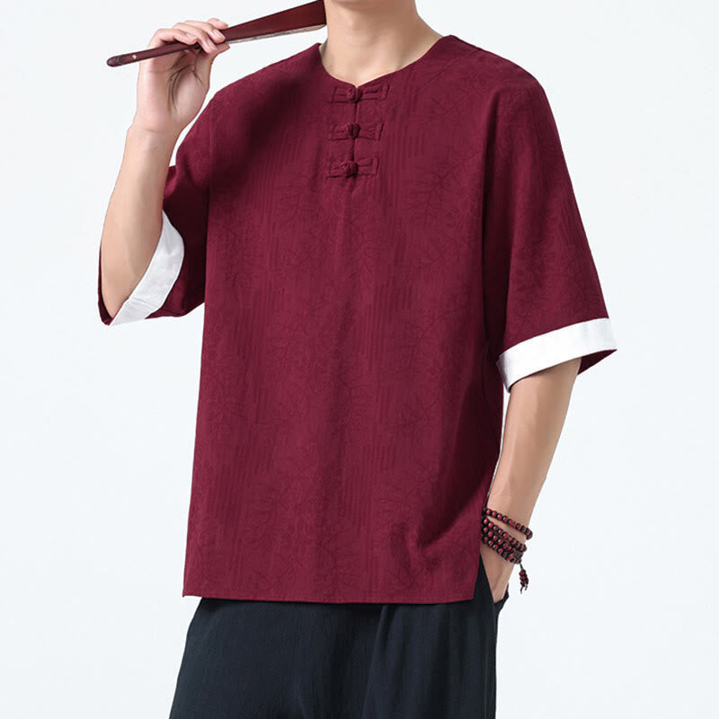 Buddha Stones Camicia da uomo in cotone a mezza manica con bottoni a rana e motivo a fiori estivi con motivo erba - Marrone - US/UK/AU46, EU56 (5XL) - image 14