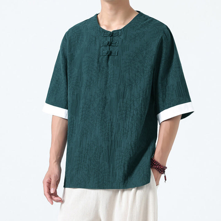 Buddha Stones Camicia da uomo in cotone a mezza manica con bottoni a rana e motivo a fiori estivi con motivo erba - image 1