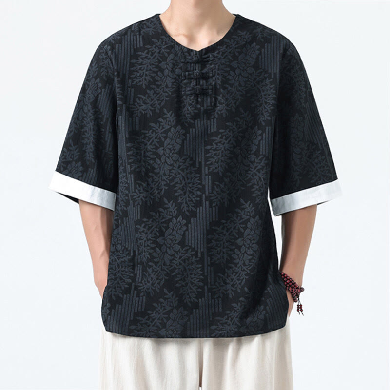 Buddha Stones Camicia da uomo in cotone a mezza manica con bottoni a rana e motivo a fiori estivi con motivo erba - Nero - US/UK/AU46, EU56 (5XL) - image 11