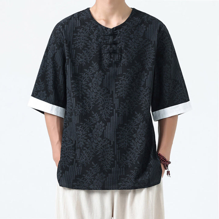 Buddha Stones Camicia da uomo in cotone a mezza manica con bottoni a rana e motivo a fiori estivi con motivo erba - Nero - US/UK/AU46, EU56 (5XL) - image 11