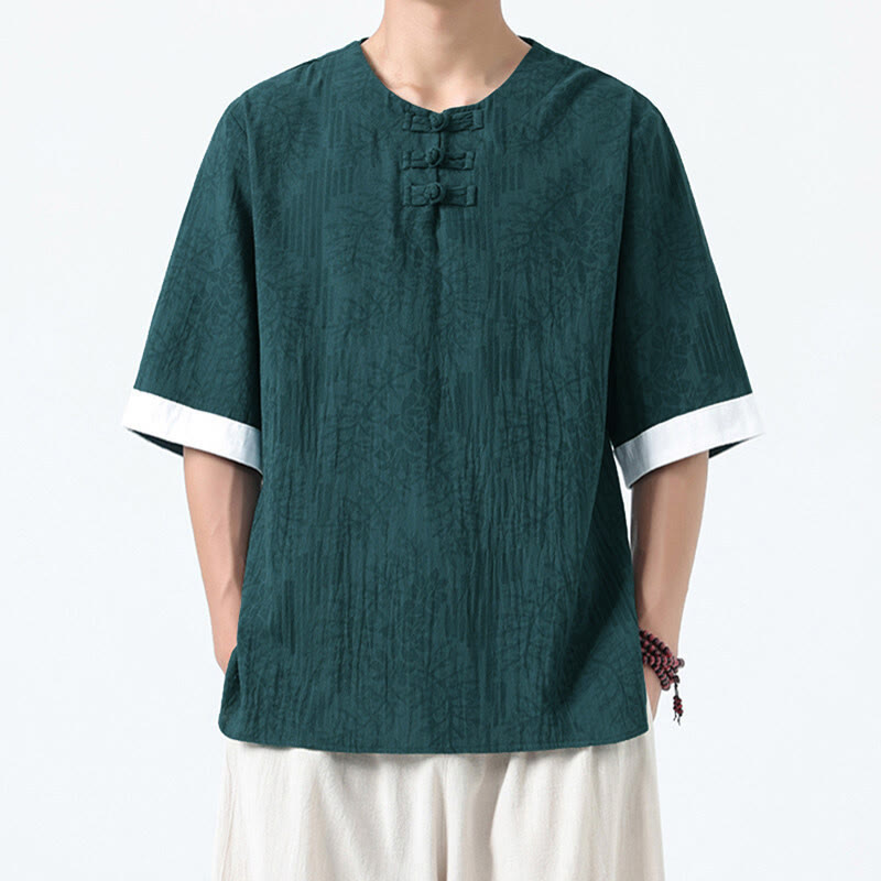 Buddha Stones Camicia da uomo in cotone a mezza manica con bottoni a rana e motivo a fiori estivi con motivo erba - Ciano scuro - US/UK/AU46, EU56 (5XL) - image 0