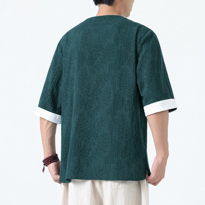 Buddha Stones Camicia da uomo in cotone a mezza manica con bottoni a rana e motivo a fiori estivi con motivo erba - image 2