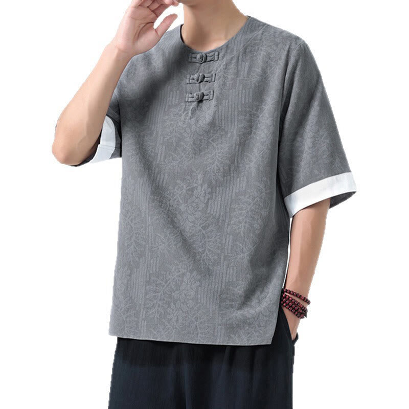 Buddha Stones Camicia da uomo in cotone a mezza manica con bottoni a rana e motivo a fiori estivi con motivo erba - image 6