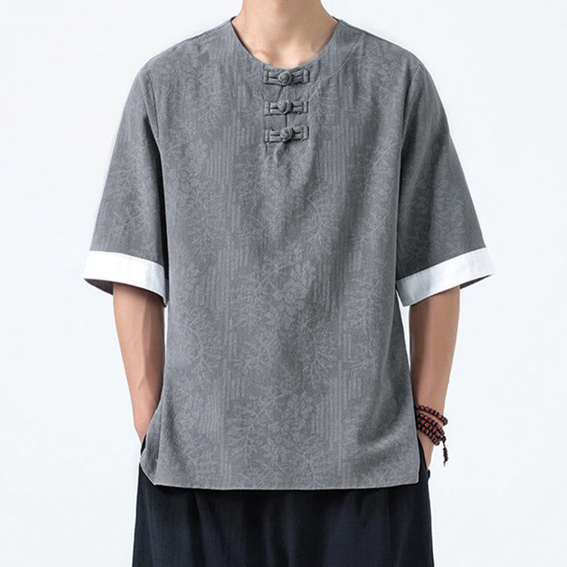 Buddha Stones Camicia da uomo in cotone a mezza manica con bottoni a rana e motivo a fiori estivi con motivo erba - image 4