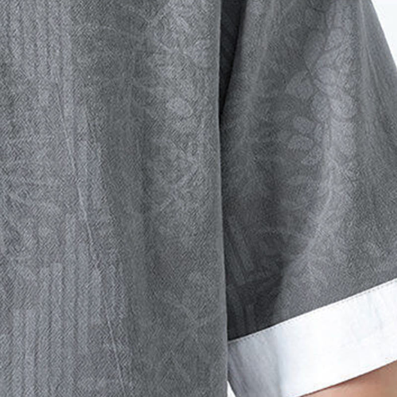 Buddha Stones Camicia da uomo in cotone a mezza manica con bottoni a rana e motivo a fiori estivi con motivo erba - image 8