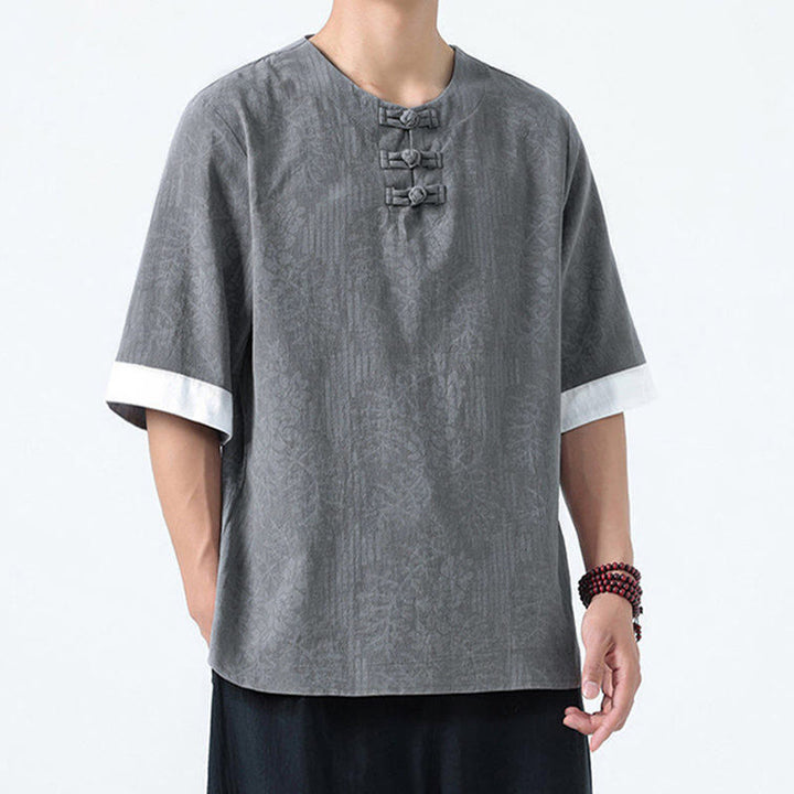 Buddha Stones Camicia da uomo in cotone a mezza manica con bottoni a rana e motivo a fiori estivi con motivo erba - image 5