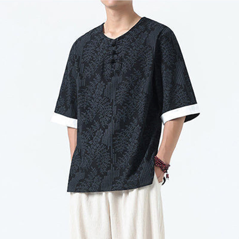 Buddha Stones Camicia da uomo in cotone a mezza manica con bottoni a rana e motivo a fiori estivi con motivo erba - image 13