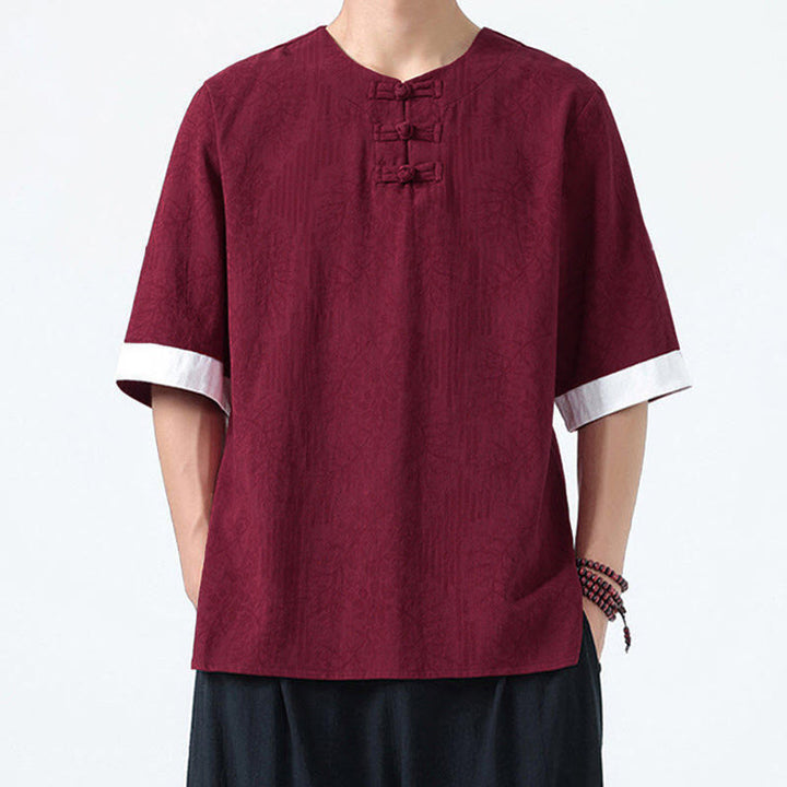 Buddha Stones Camicia da uomo in cotone a mezza manica con bottoni a rana e motivo a fiori estivi con motivo erba - image 16