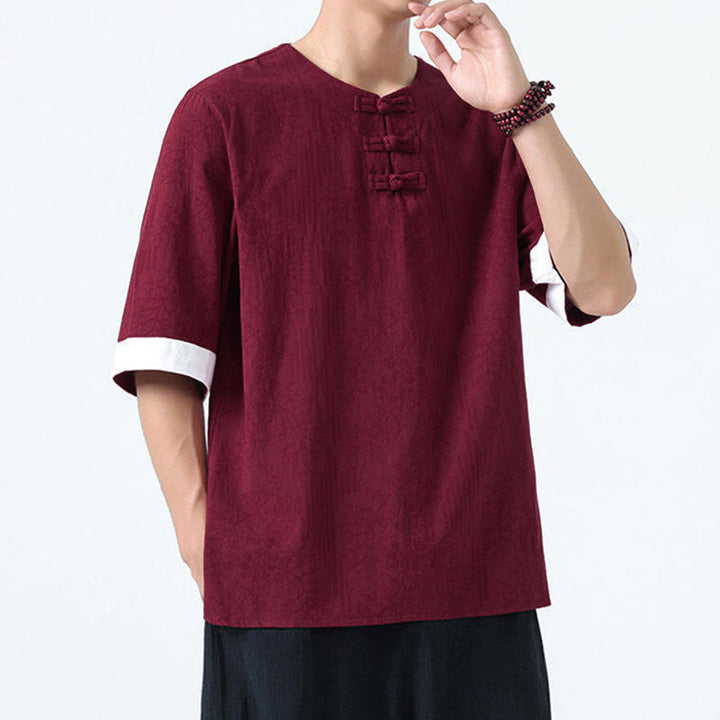 Buddha Stones Camicia da uomo in cotone a mezza manica con bottoni a rana e motivo a fiori estivi con motivo erba - image 15