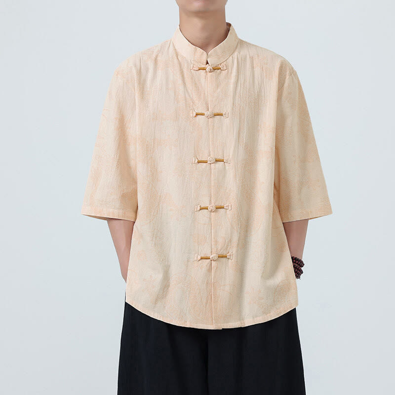Buddha Stones Camicia da uomo in cotone a mezza manica con bottoni a rana, motivo nuvole di buon auspicio e drago estivo - Grano - US/UK/AU46, EU56 (5XL) - image 7