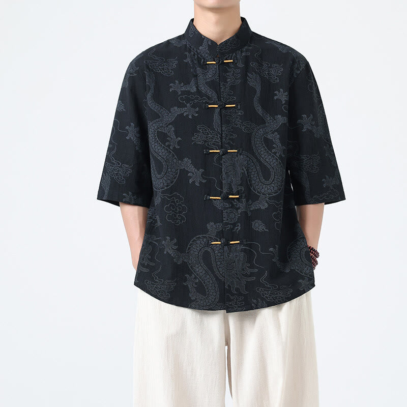 Buddha Stones Camicia da uomo in cotone a mezza manica con bottoni a rana, motivo nuvole di buon auspicio e drago estivo - image 1