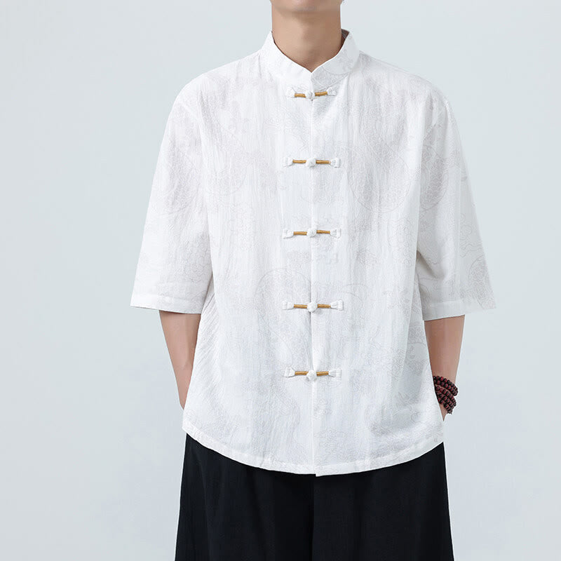 Buddha Stones Camicia da uomo in cotone a mezza manica con bottoni a rana, motivo nuvole di buon auspicio e drago estivo - Bianco - US/UK/AU46, EU56 (5XL) - image 16