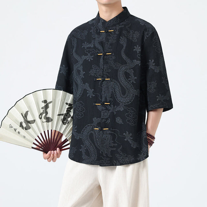 Buddha Stones Camicia da uomo in cotone a mezza manica con bottoni a rana, motivo nuvole di buon auspicio e drago estivo - Nero - US/UK/AU46, EU56 (5XL) - image 0