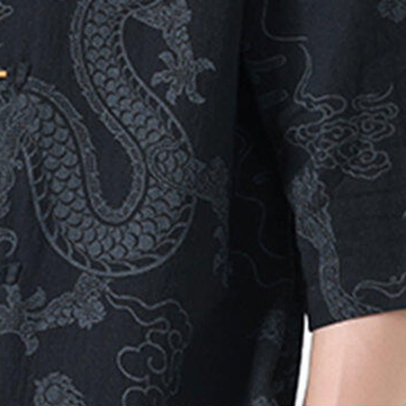 Buddha Stones Camicia da uomo in cotone a mezza manica con bottoni a rana, motivo nuvole di buon auspicio e drago estivo - image 5