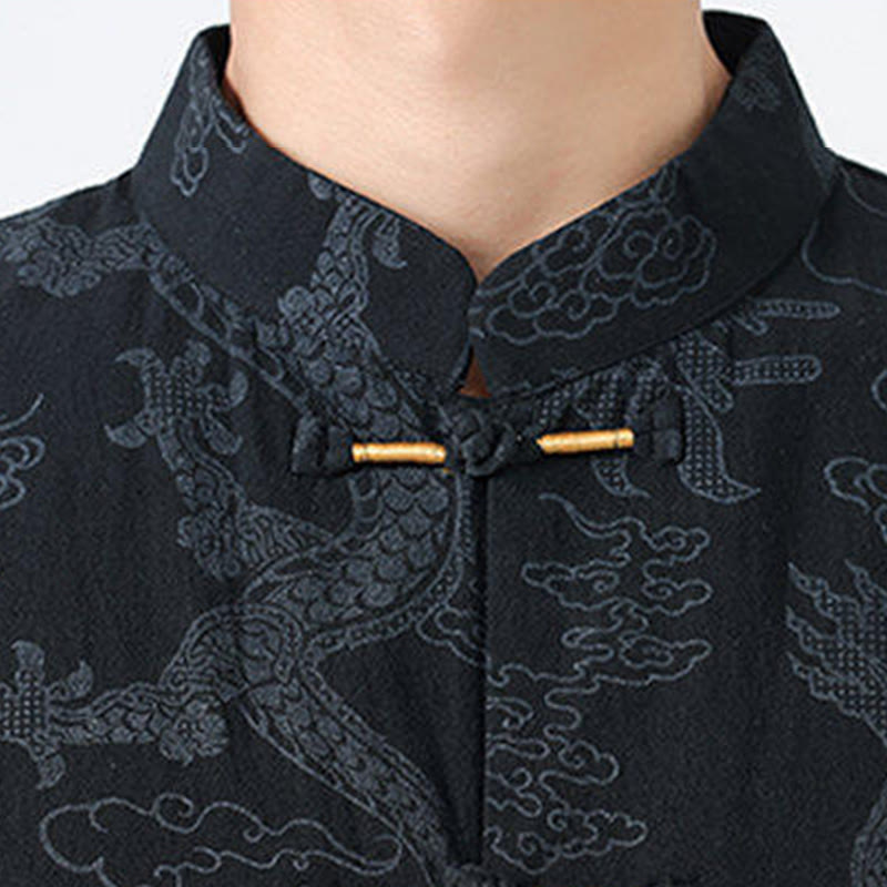 Buddha Stones Camicia da uomo in cotone a mezza manica con bottoni a rana, motivo nuvole di buon auspicio e drago estivo - image 3
