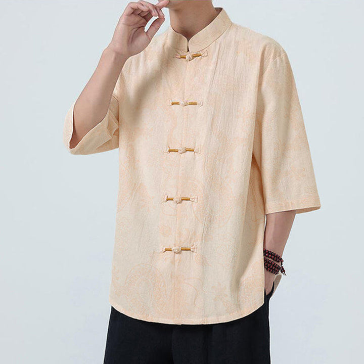 Buddha Stones Camicia da uomo in cotone a mezza manica con bottoni a rana, motivo nuvole di buon auspicio e drago estivo - image 10