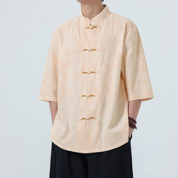 Buddha Stones Camicia da uomo in cotone a mezza manica con bottoni a rana, motivo nuvole di buon auspicio e drago estivo - image 9