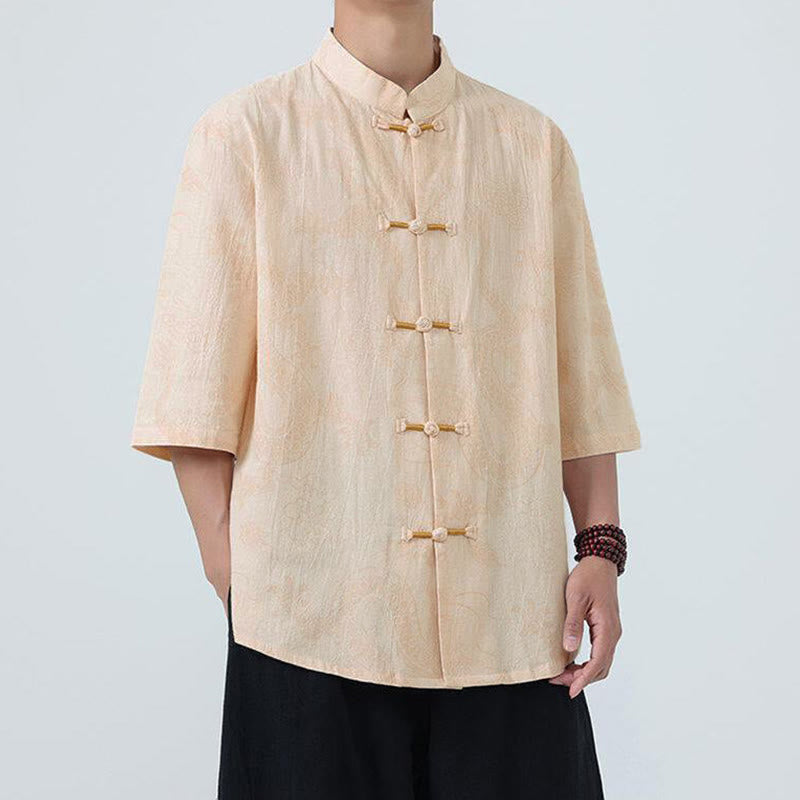 Buddha Stones Camicia da uomo in cotone a mezza manica con bottoni a rana, motivo nuvole di buon auspicio e drago estivo - image 8