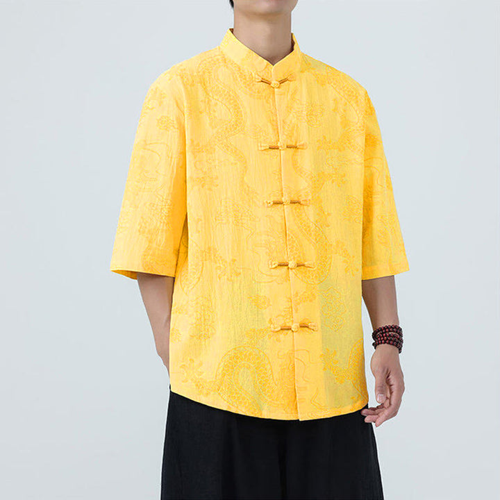 Buddha Stones Camicia da uomo in cotone a mezza manica con bottoni a rana, motivo nuvole di buon auspicio e drago estivo - image 13