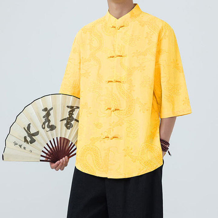 Buddha Stones Camicia da uomo in cotone a mezza manica con bottoni a rana, motivo nuvole di buon auspicio e drago estivo - image 14