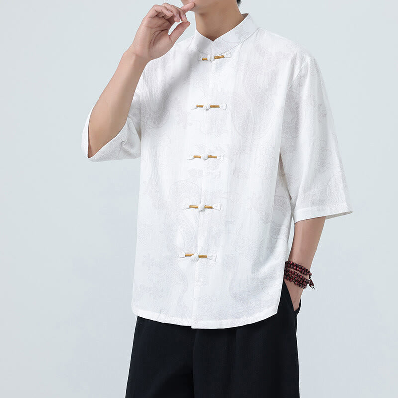 Buddha Stones Camicia da uomo in cotone a mezza manica con bottoni a rana, motivo nuvole di buon auspicio e drago estivo - image 18