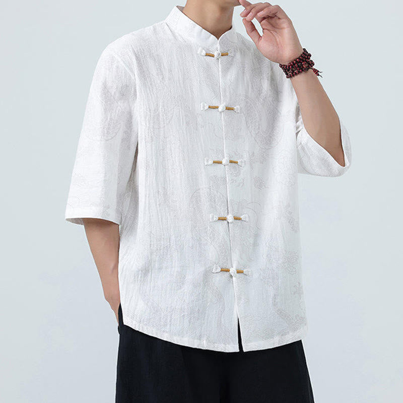 Buddha Stones Camicia da uomo in cotone a mezza manica con bottoni a rana, motivo nuvole di buon auspicio e drago estivo - image 17