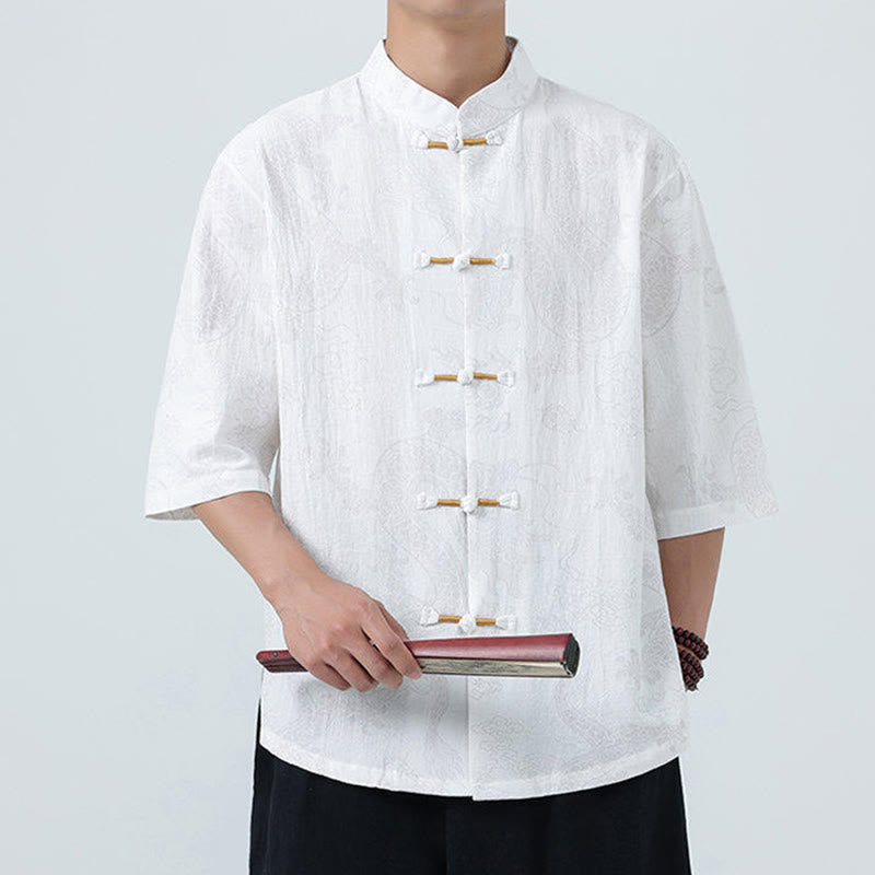 Buddha Stones Camicia da uomo in cotone a mezza manica con bottoni a rana, motivo nuvole di buon auspicio e drago estivo - image 19