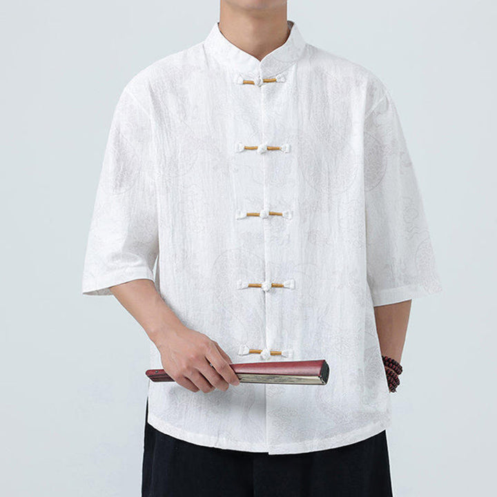 Buddha Stones Camicia da uomo in cotone a mezza manica con bottoni a rana, motivo nuvole di buon auspicio e drago estivo - image 19