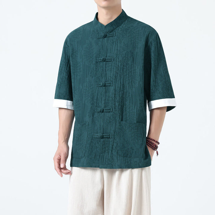 Buddha Stones Camicia da uomo in cotone con maniche corte, bottoni a rana e tasche, modello estivo con fiori e erba - Verde acqua - US/UK/AU46, EU56 (5XL) - image 15