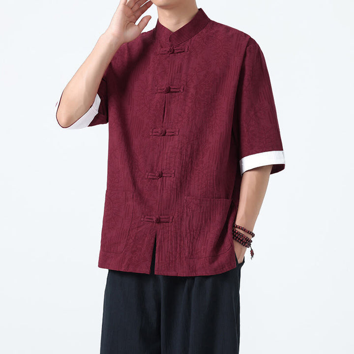 Buddha Stones Camicia da uomo in cotone con maniche corte, bottoni a rana e tasche, modello estivo con fiori e erba - Marrone - US/UK/AU46, EU56 (5XL) - image 11