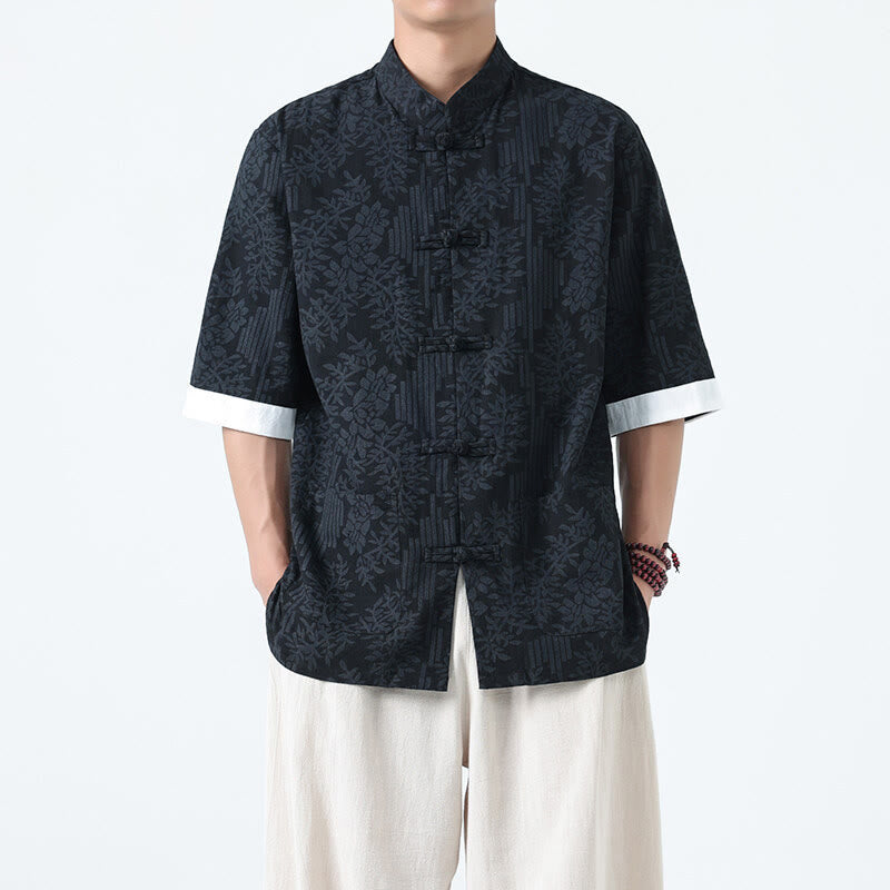 Buddha Stones Camicia da uomo in cotone con maniche corte, bottoni a rana e tasche, modello estivo con fiori e erba - image 1