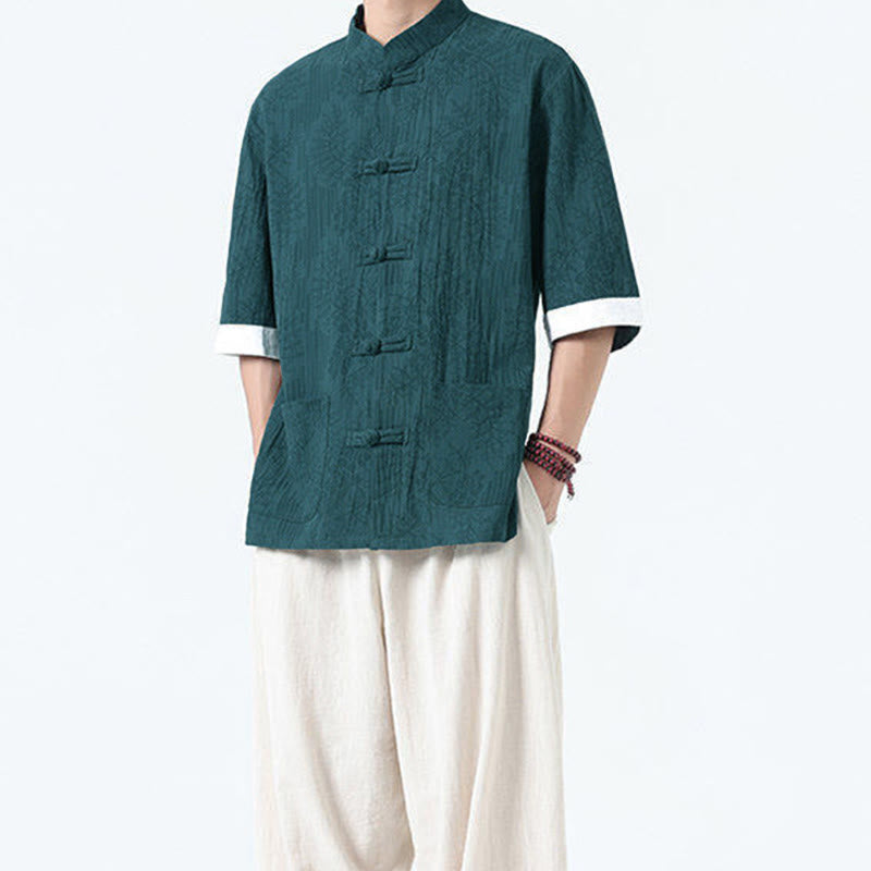 Buddha Stones Camicia da uomo in cotone con maniche corte, bottoni a rana e tasche, modello estivo con fiori e erba - image 20
