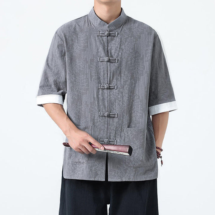 Buddha Stones Camicia da uomo in cotone con maniche corte, bottoni a rana e tasche, modello estivo con fiori e erba - image 6