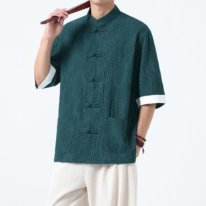 Buddha Stones Camicia da uomo in cotone con maniche corte, bottoni a rana e tasche, modello estivo con fiori e erba - image 19