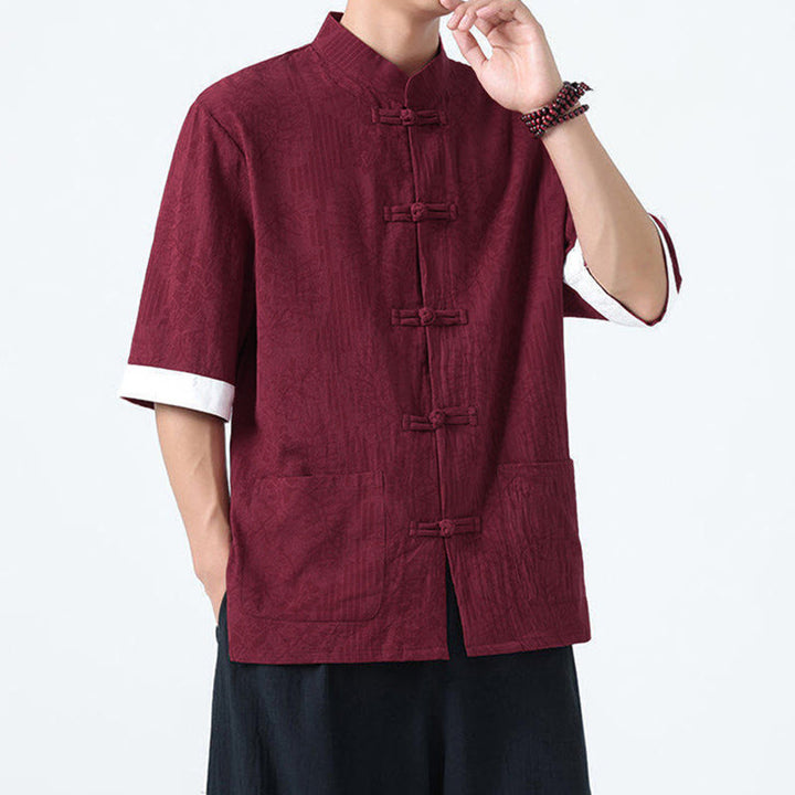 Buddha Stones Camicia da uomo in cotone con maniche corte, bottoni a rana e tasche, modello estivo con fiori e erba - image 12