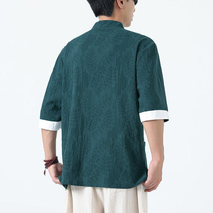 Buddha Stones Camicia da uomo in cotone con maniche corte, bottoni a rana e tasche, modello estivo con fiori e erba - image 18