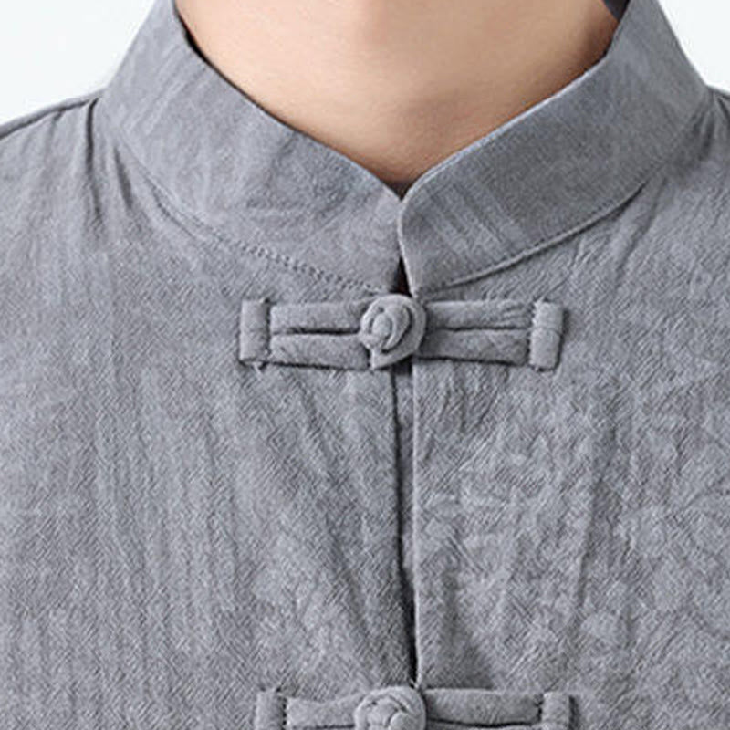 Buddha Stones Camicia da uomo in cotone con maniche corte, bottoni a rana e tasche, modello estivo con fiori e erba - image 7