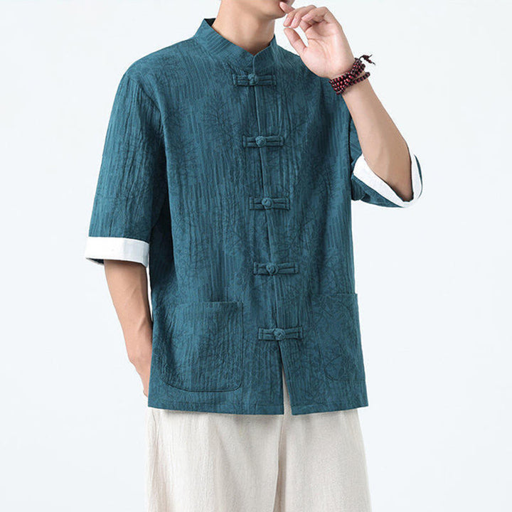 Buddha Stones Camicia da uomo in cotone con maniche corte, bottoni a rana e tasche, modello estivo con fiori e erba - image 16