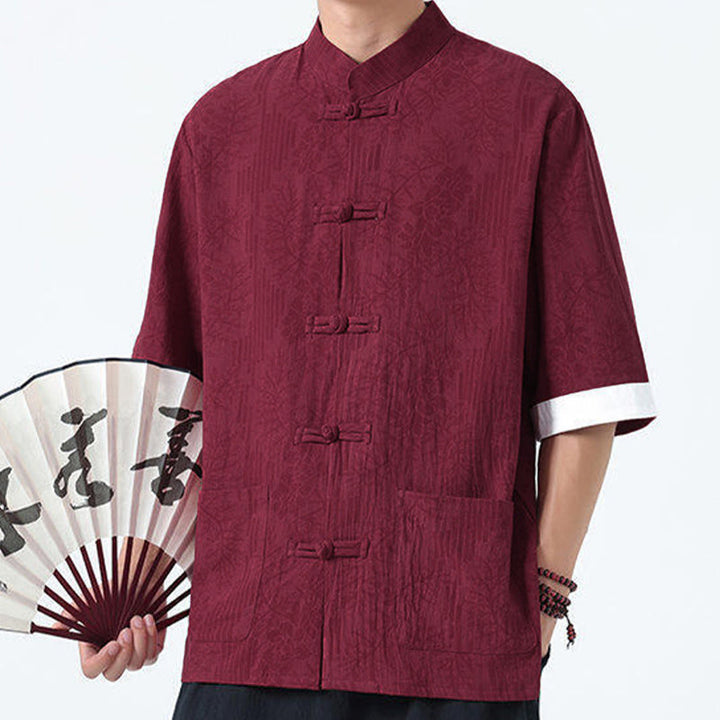Buddha Stones Camicia da uomo in cotone con maniche corte, bottoni a rana e tasche, modello estivo con fiori e erba - image 13