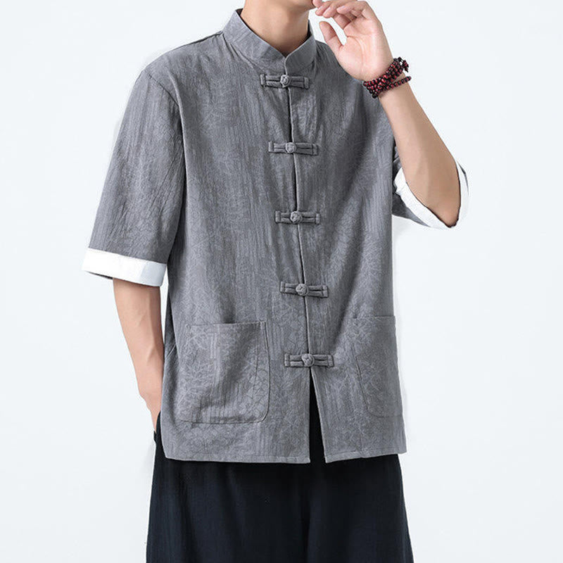 Buddha Stones Camicia da uomo in cotone con maniche corte, bottoni a rana e tasche, modello estivo con fiori e erba - image 5