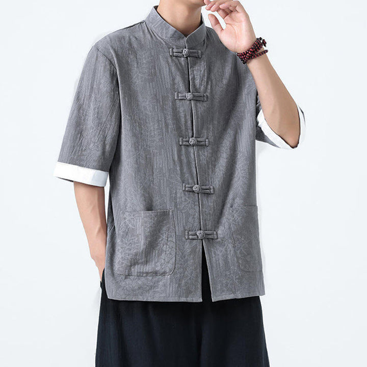 Buddha Stones Camicia da uomo in cotone con maniche corte, bottoni a rana e tasche, modello estivo con fiori e erba - image 5