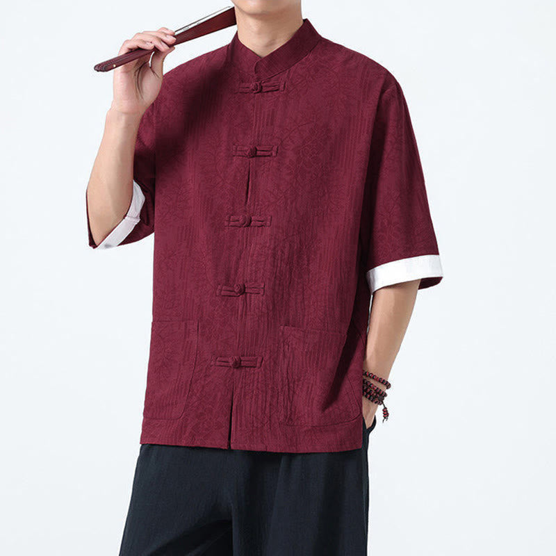 Buddha Stones Camicia da uomo in cotone con maniche corte, bottoni a rana e tasche, modello estivo con fiori e erba - image 14