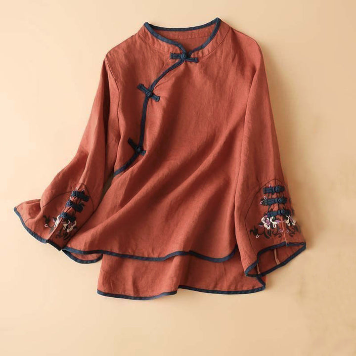 Camicia da donna a maniche lunghe con ricamo floreale retrò Buddha Stones. - Rosso - US12, UK/AU16, EU44 (4XL) - image 0