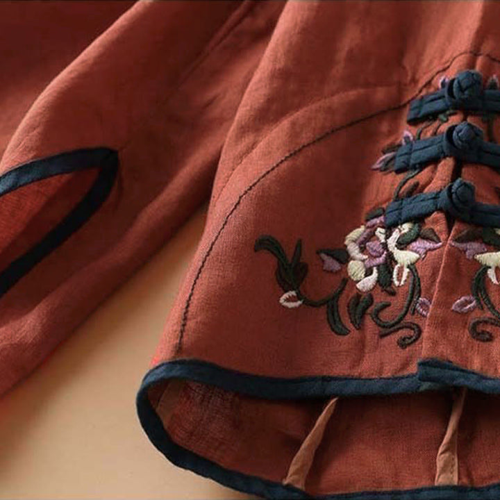 Camicia da donna in cotone e lino a maniche lunghe con ricamo floreale retrò Buddha Stones - image 6