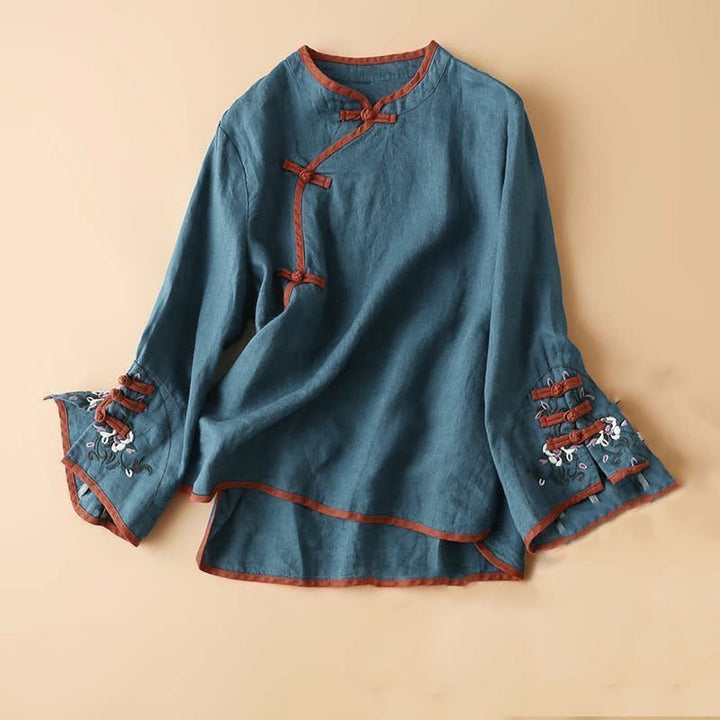 Camicia da donna in cotone e lino a maniche lunghe con ricamo floreale retrò Buddha Stones - SteelBlue - US14, UK/AU18, EU46 (4XL) - image 11